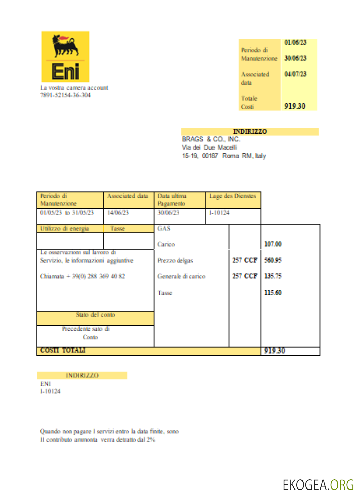 Italie Facture commerciale de service public de gaz, SCR